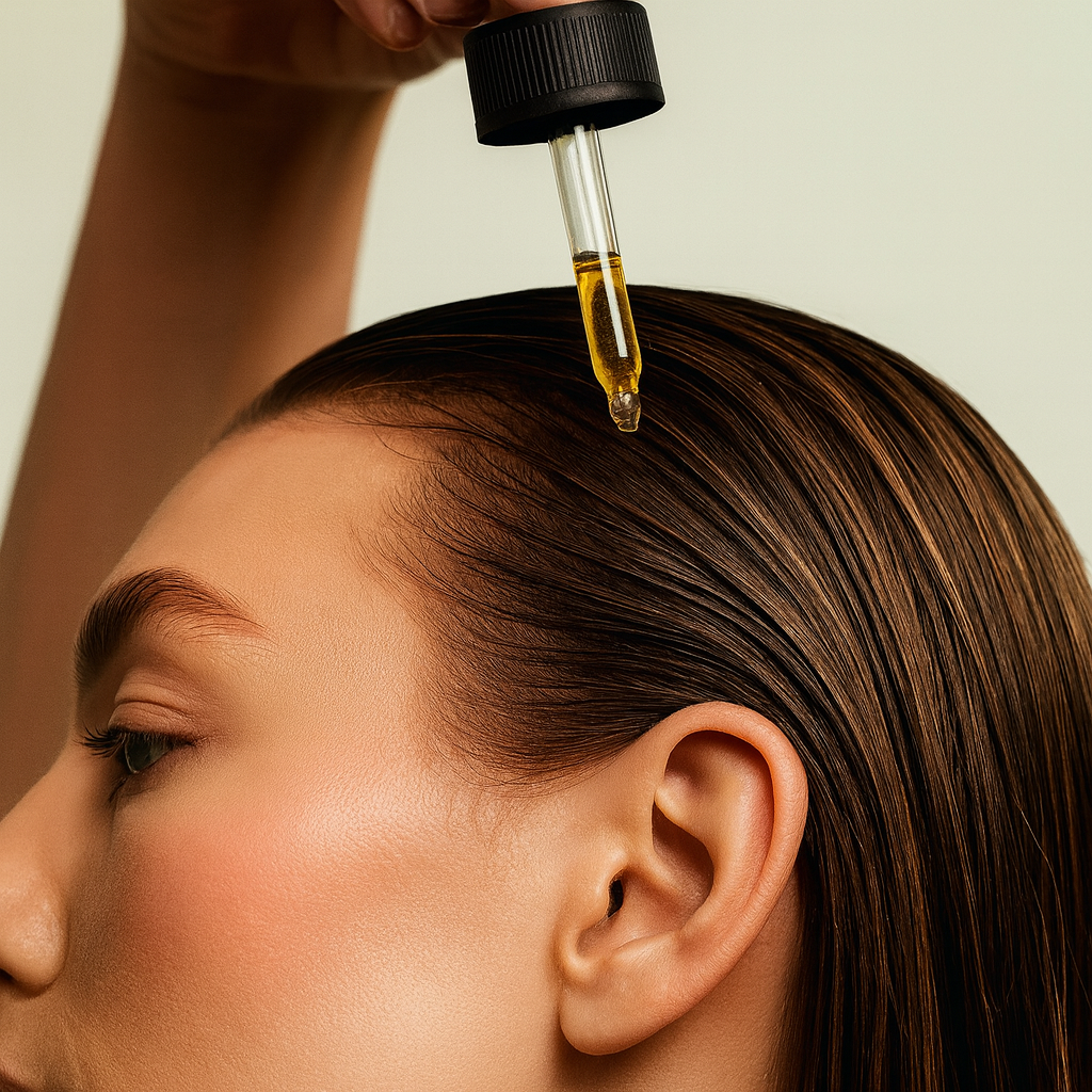 Woman applying VLUMX Hair Growth and Scalp Health oil to her hair with a dropper.