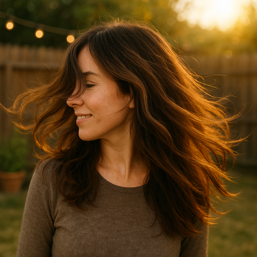 Woman showing off her beautiful hair after using the VLUMX hair growth and scalp health oil
