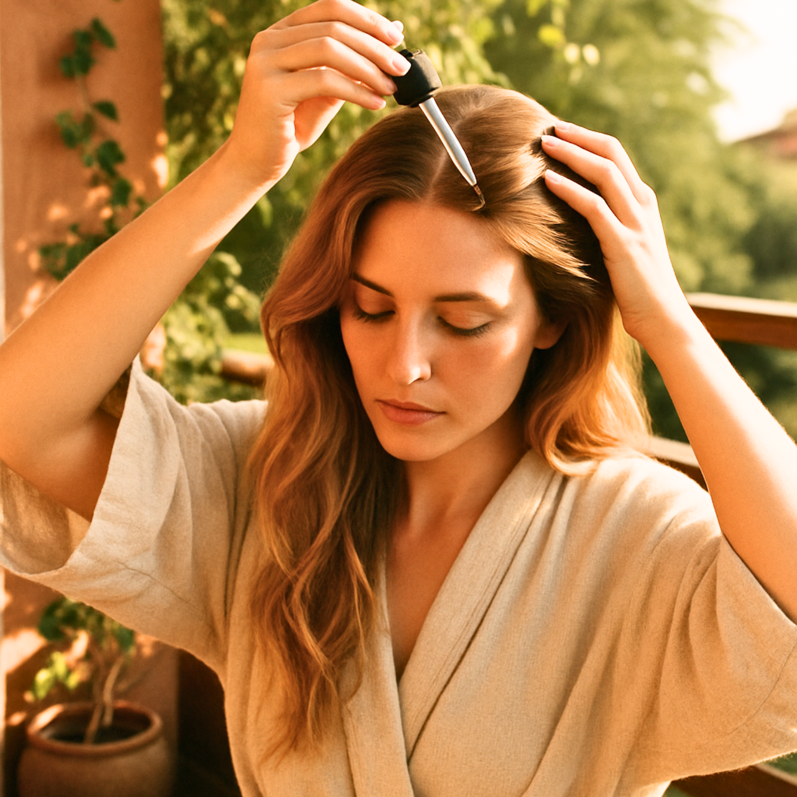 Woman applying VLUMX hair growth and scalp health oil to her hair with a dropper outdoors