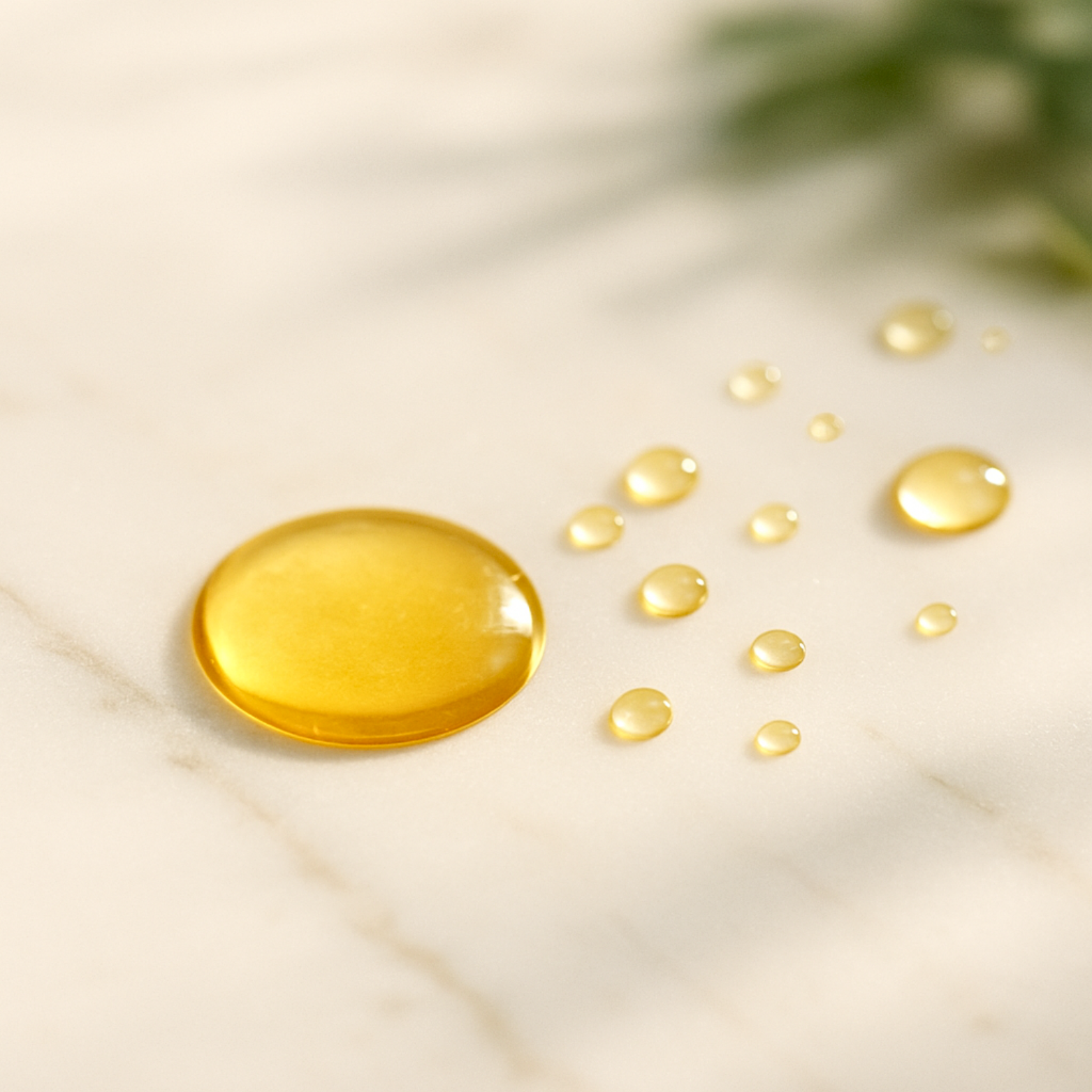 Golden hair oil droplets on light marble with soft daylight shadows—premium VLUMX aesthetic.