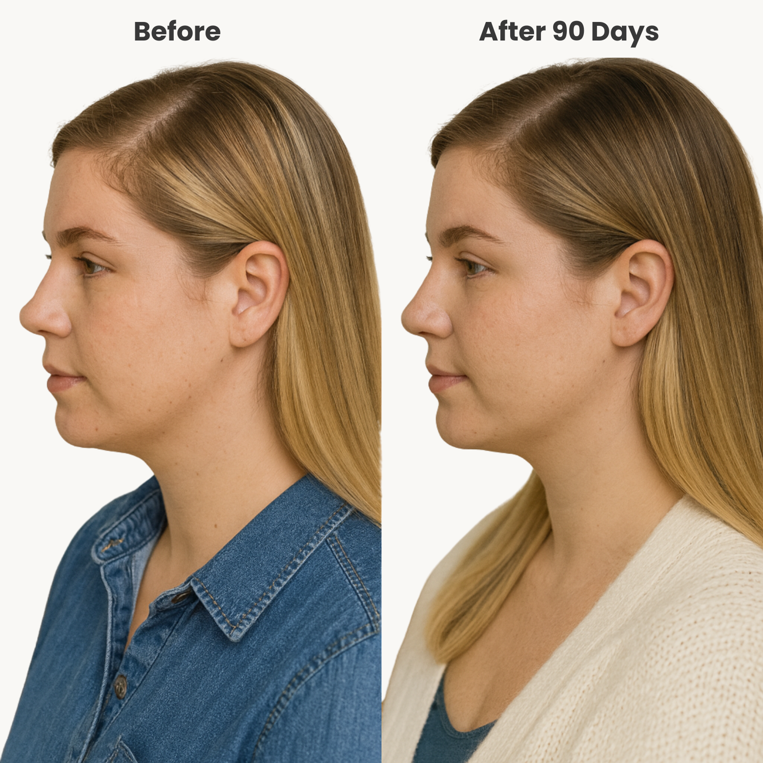 Before and after comparison of a woman's thinning hair area with a visible difference of hair growth after 90 days of applying VLUMX Hair Growth and Scalp Health Oil.