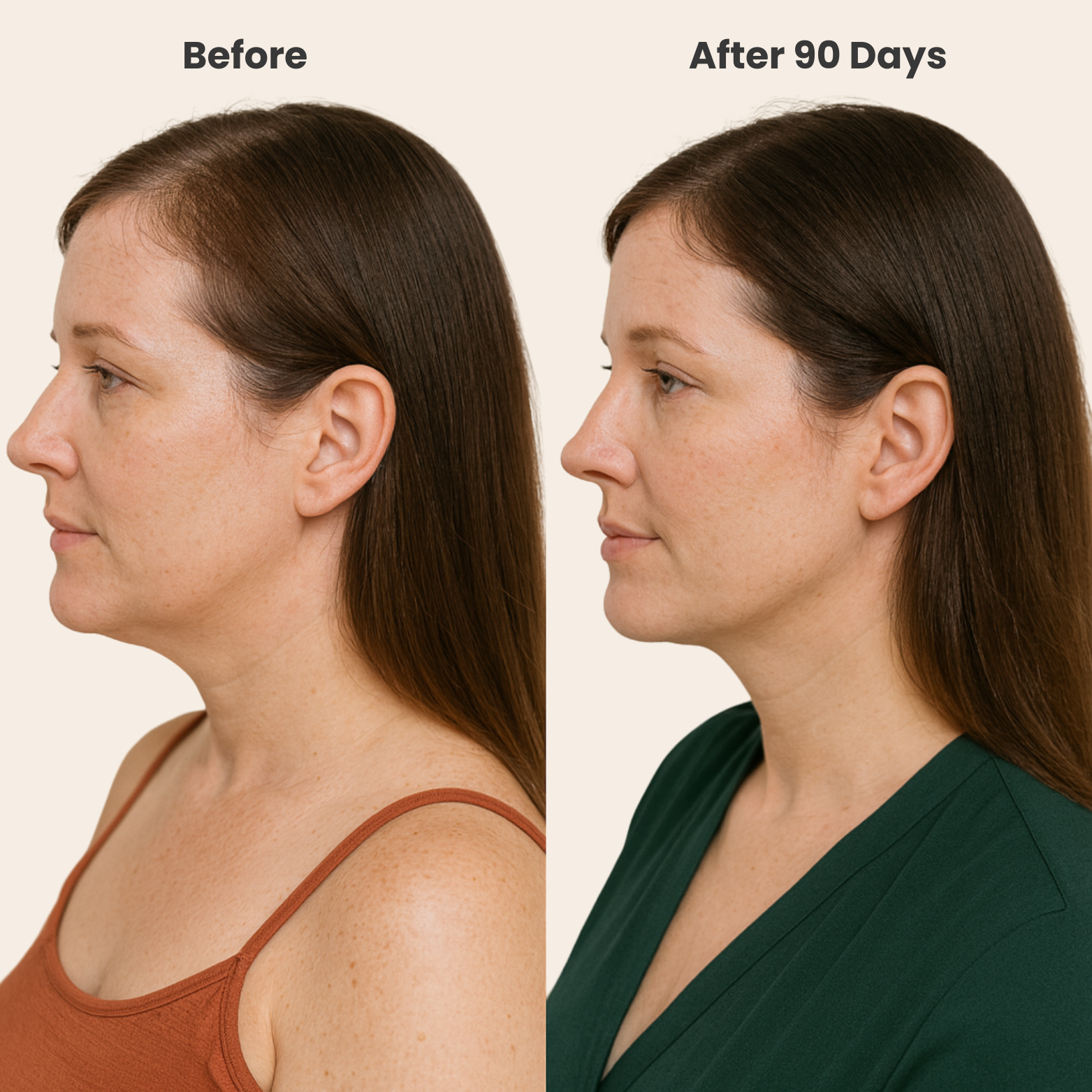 VLUMX Before and after comparison of a woman's hair growth and scalp health with a neutral background