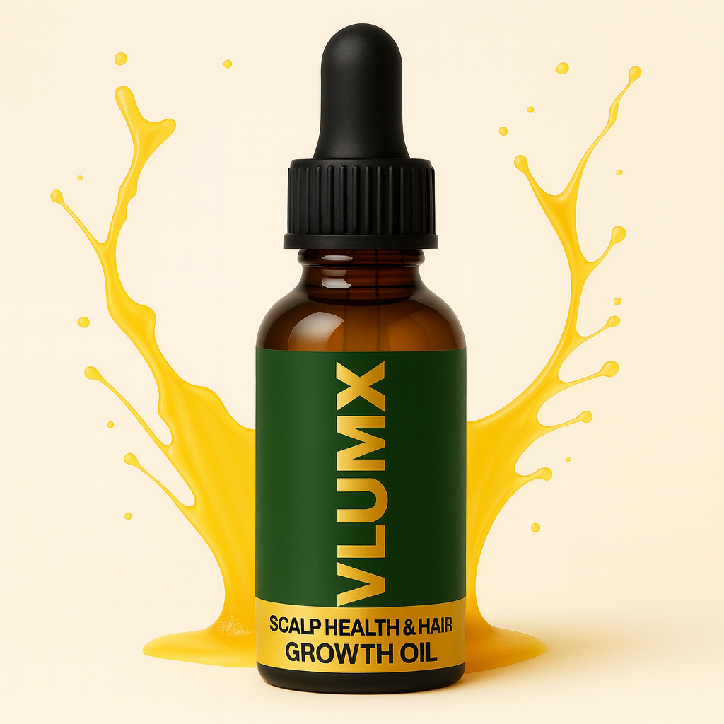 Vlumx scalp health and hair growth oil bottle with a dropper on a beige background