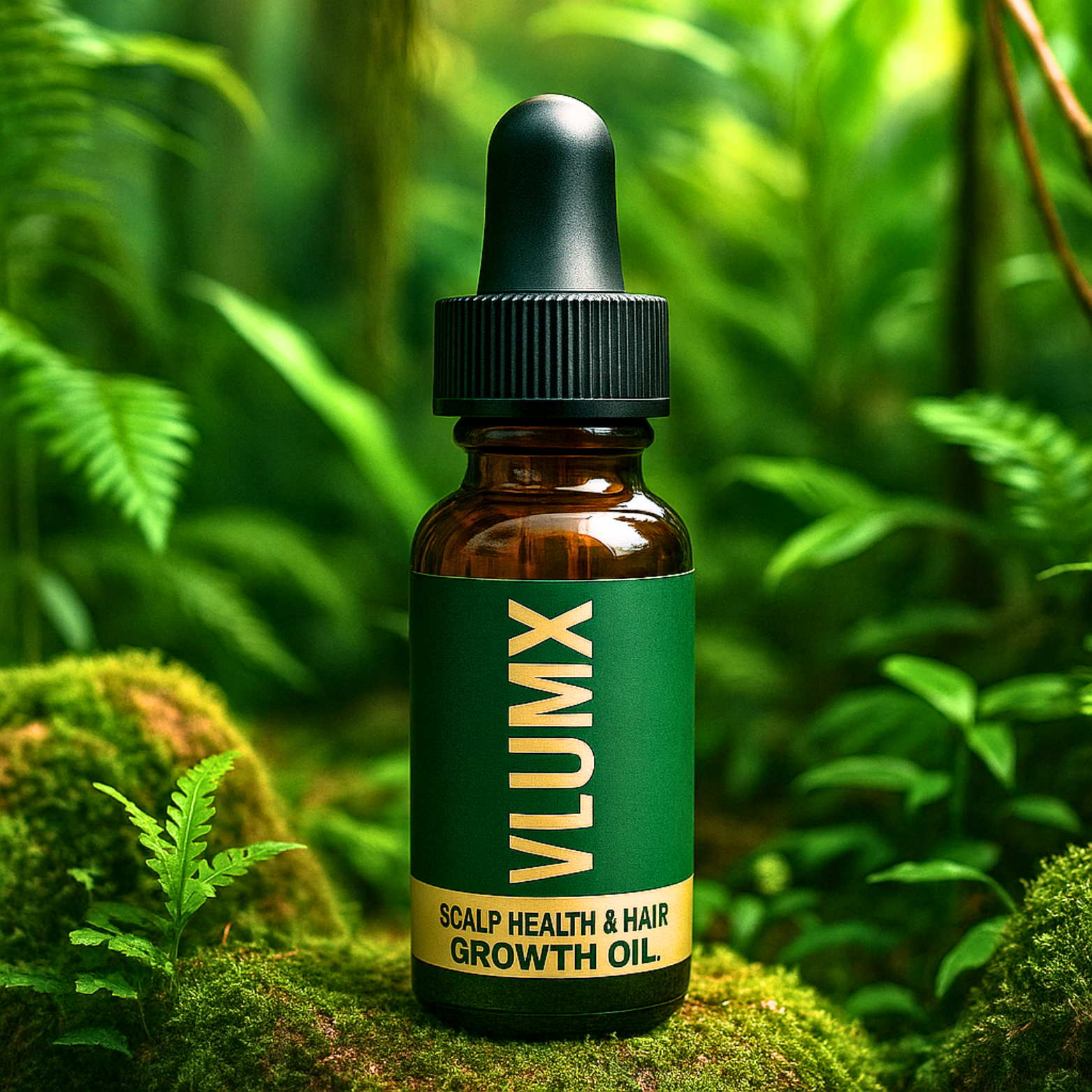 Vlumx scalp health and hair growth oil bottle with a dropper on a green leafy background