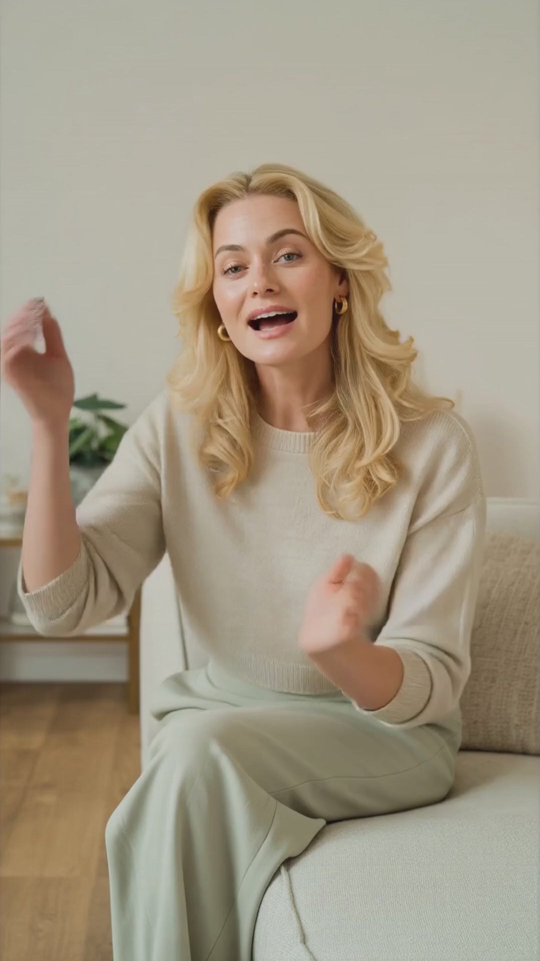 Blonde woman sharing her real experience using VLUMX™ Hair Growth & Scalp Health Oil to restore thicker, fuller hair with visible natural growth results.